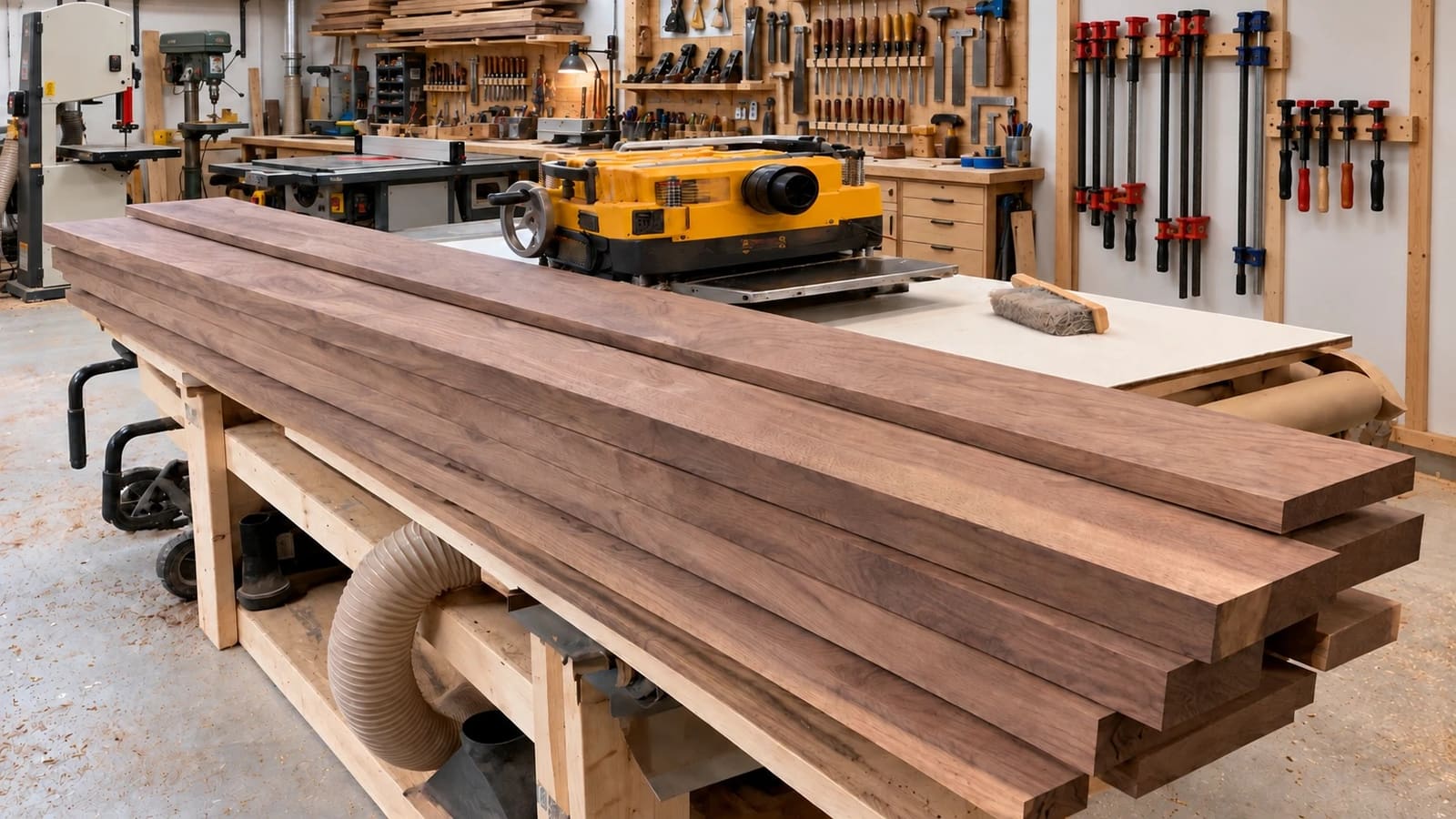 Stacked walnut boards on the workbench in my shop, with the planer and hand tools behind